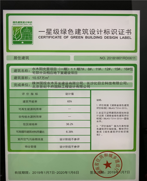 国投水木阳光里项目荣获湖南省一星级绿色建筑称号